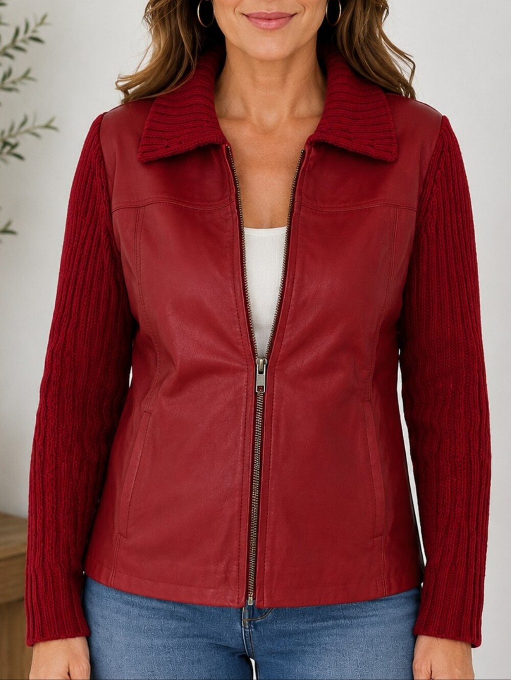 Vintage Sutton Studio Bloomingdale's Red Leather & Knit Zip Jacket Women's XL